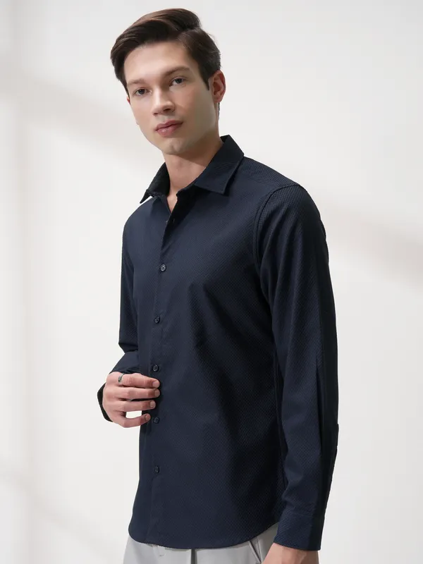 Highlander Men Navy Blue Self Design Slim Fit Casual Shirt