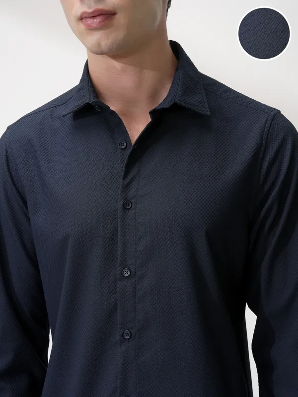 Highlander Men Navy Blue Self Design Slim Fit Casual Shirt