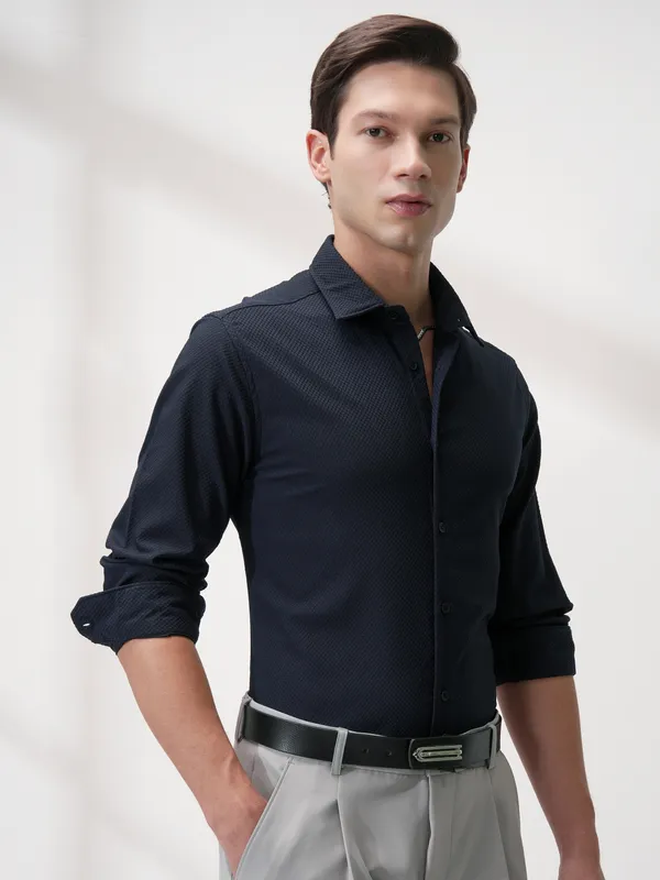 Highlander Men Navy Blue Self Design Slim Fit Casual Shirt