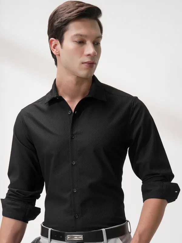 Highlander Men Black Self Design Slim Fit Casual Shirt