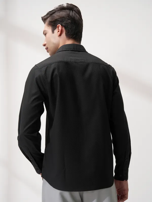 Highlander Men Black Self Design Slim Fit Casual Shirt
