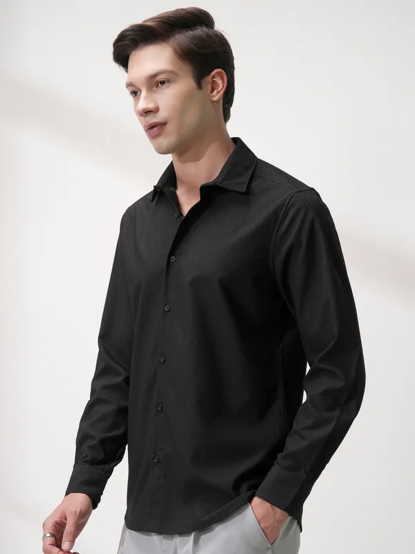 Highlander Men Black Self Design Slim Fit Casual Shirt
