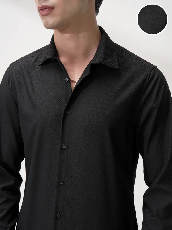 Highlander Men Black Self Design Slim Fit Casual Shirt