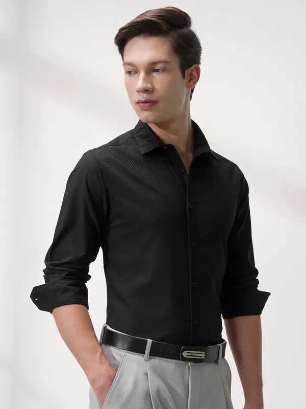 Highlander Men Black Self Design Slim Fit Casual Shirt