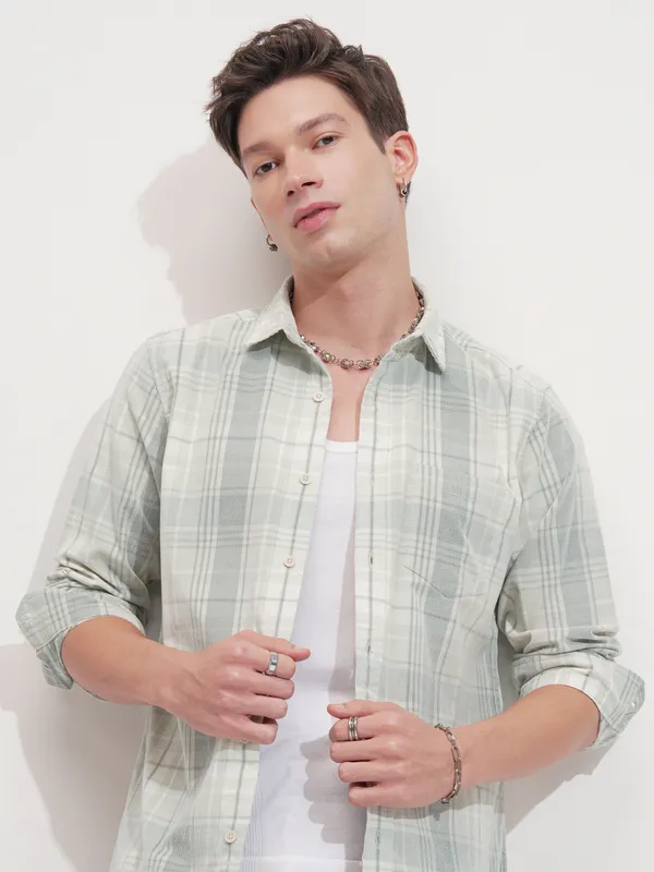 Highlander Men Olive Checked Slim Fit Casual Shirt