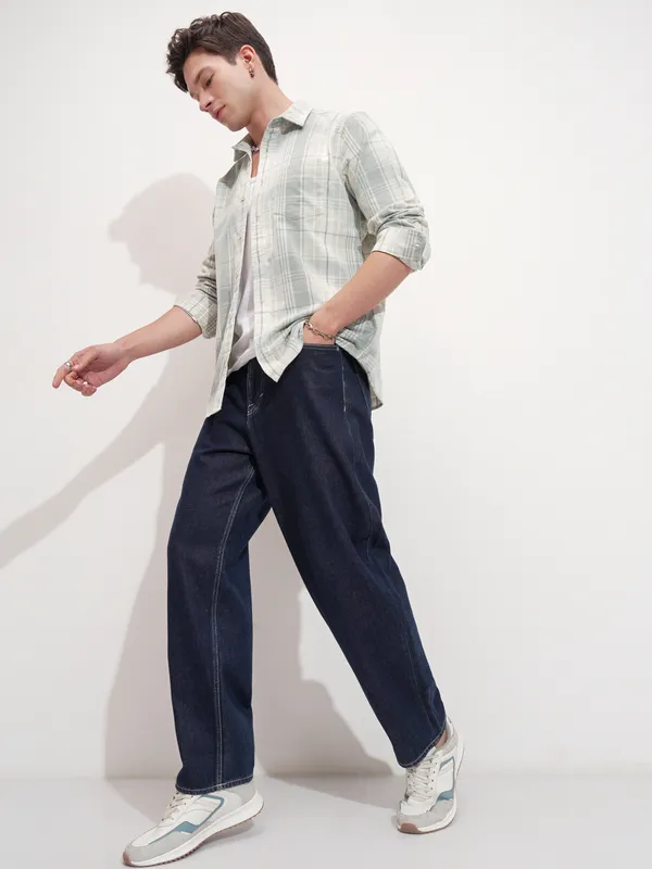 Highlander Men Olive Checked Slim Fit Casual Shirt