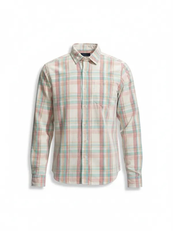 Highlander Men Cream Checked Slim Fit Casual Shirt