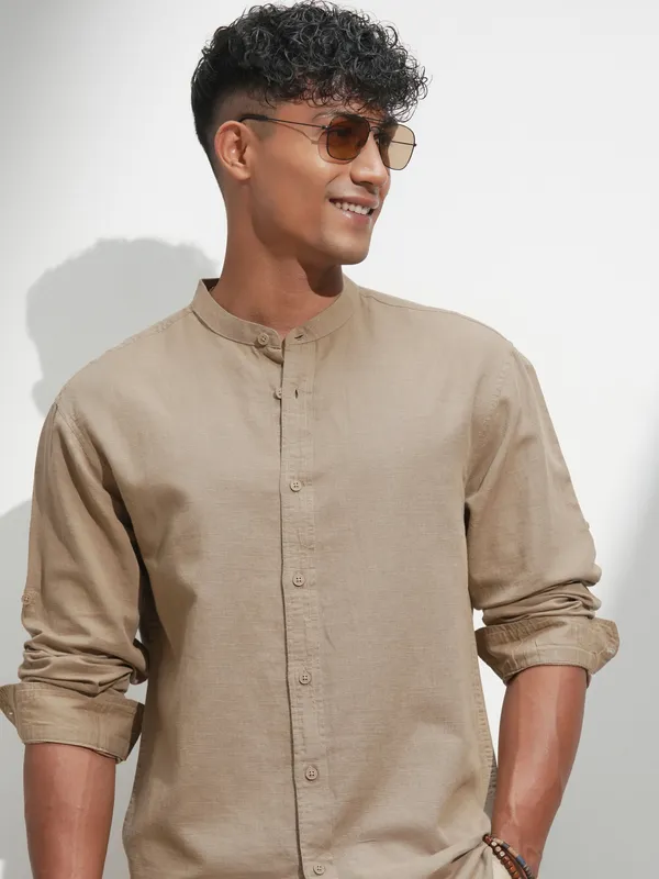 Highlander Men Khaki Self Design Relaxed Fit Casual Shirt
