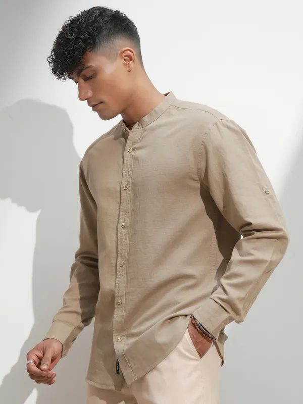 Highlander Men Khaki Self Design Relaxed Fit Casual Shirt