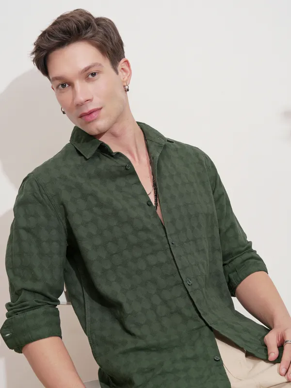 Highlander Men Green Self Design Slim Fit Casual Shirt