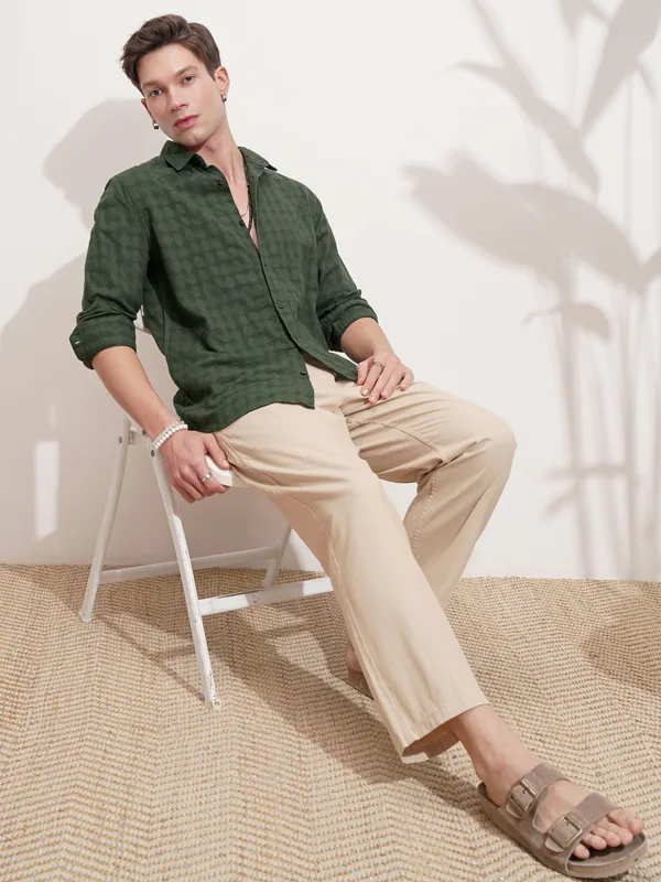 Highlander Men Green Self Design Slim Fit Casual Shirt