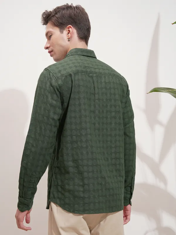 Highlander Men Green Self Design Slim Fit Casual Shirt