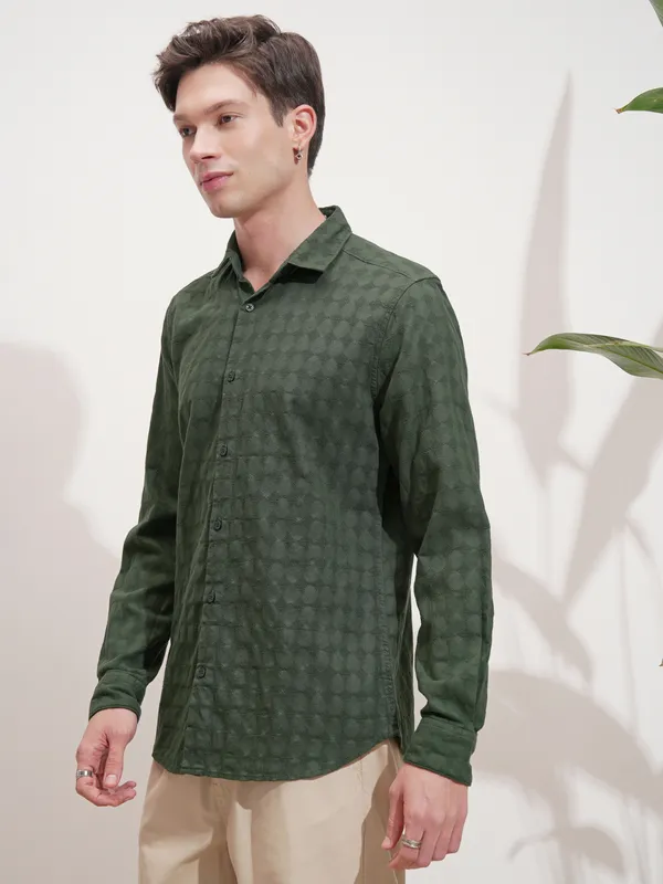 Highlander Men Green Self Design Slim Fit Casual Shirt