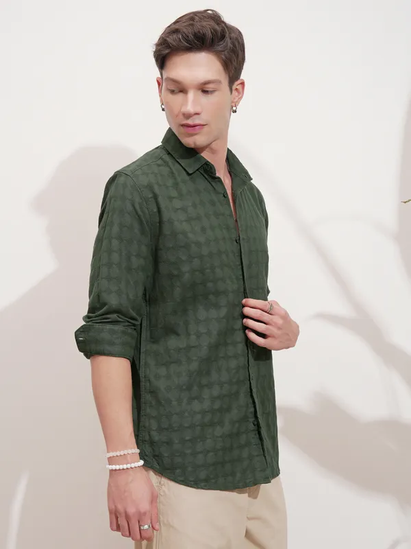 Highlander Men Green Self Design Slim Fit Casual Shirt