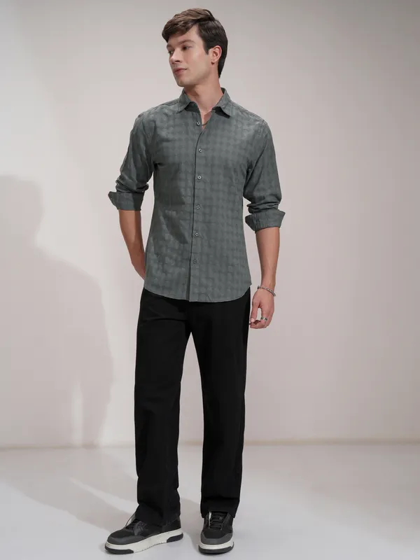 Highlander Men Charcoal Self Design Slim Fit Casual Shirt