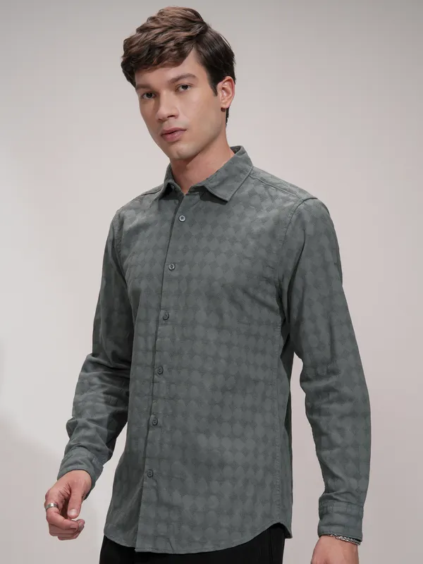 Highlander Men Charcoal Self Design Slim Fit Casual Shirt