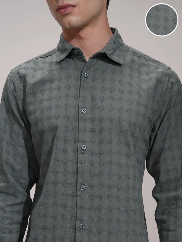 Highlander Men Charcoal Self Design Slim Fit Casual Shirt