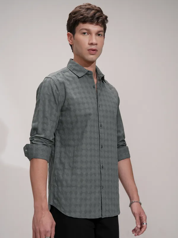 Highlander Men Charcoal Self Design Slim Fit Casual Shirt