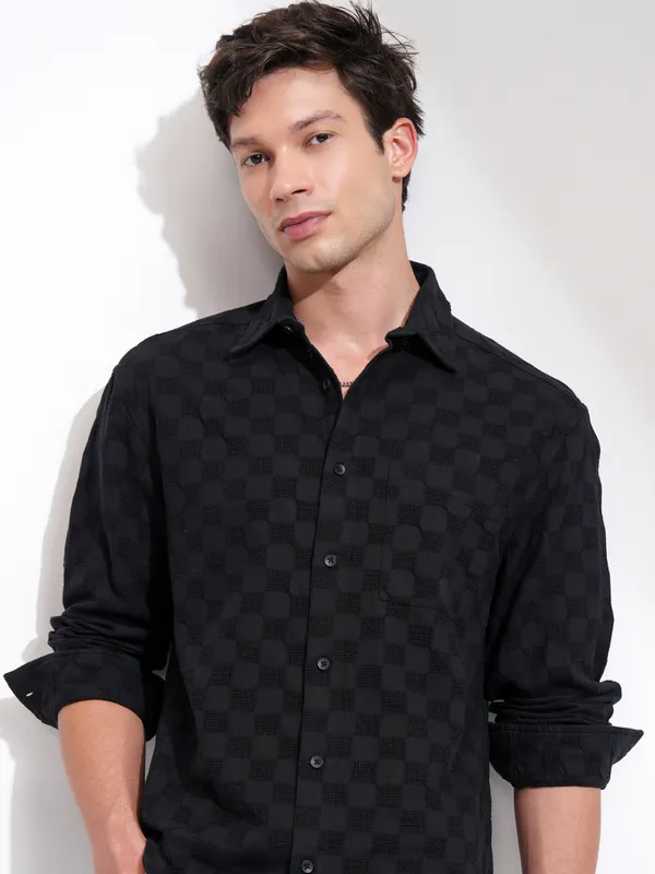 Highlander Men Black Self Design Relaxed Fit Casual Shirt