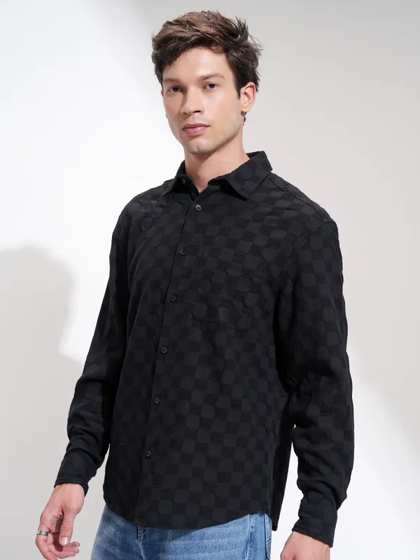Highlander Men Black Self Design Relaxed Fit Casual Shirt