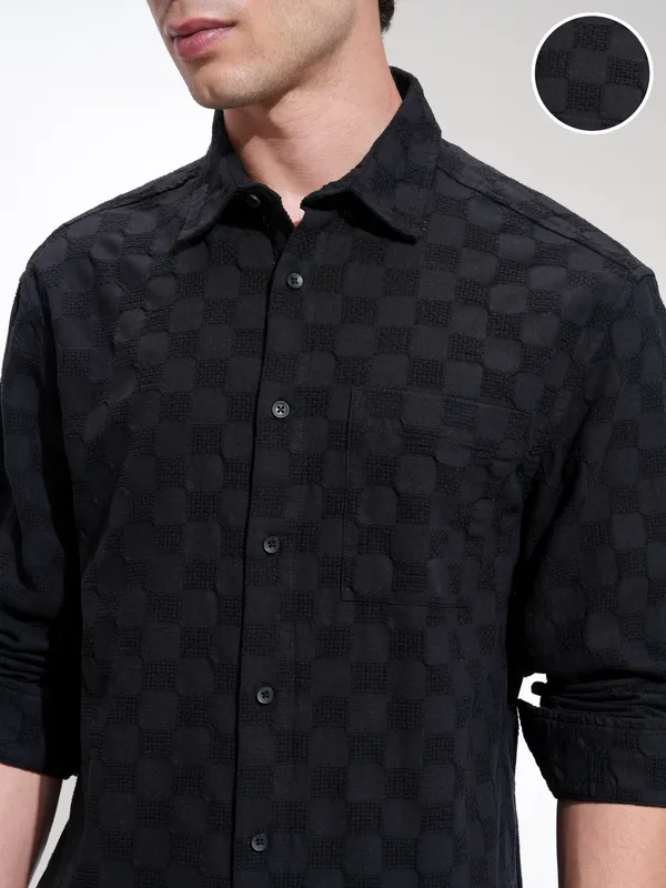 Highlander Men Black Self Design Relaxed Fit Casual Shirt