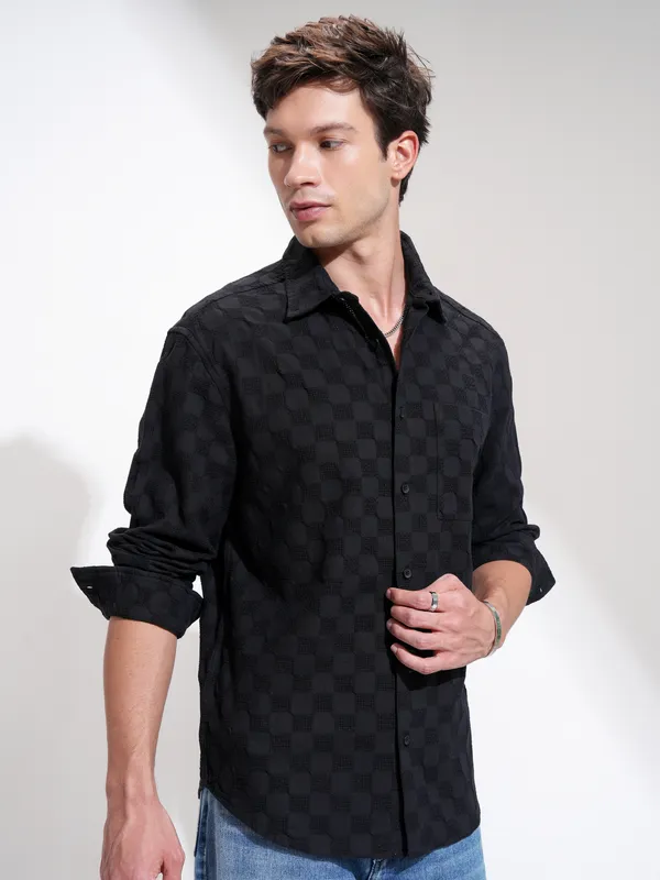 Highlander Men Black Self Design Relaxed Fit Casual Shirt