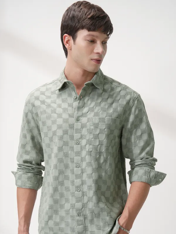 Highlander Men Olive Self Design Relaxed Fit Casual Shirt