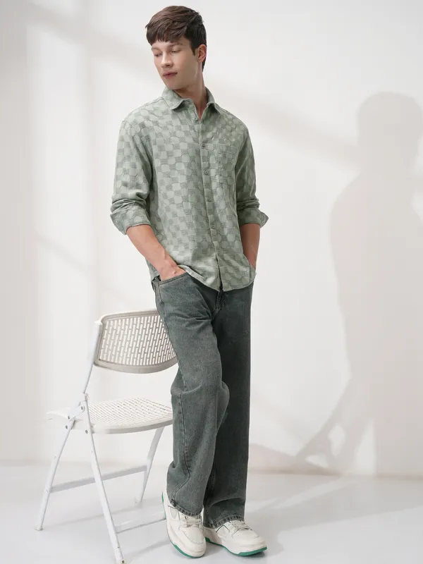 Highlander Men Olive Self Design Relaxed Fit Casual Shirt