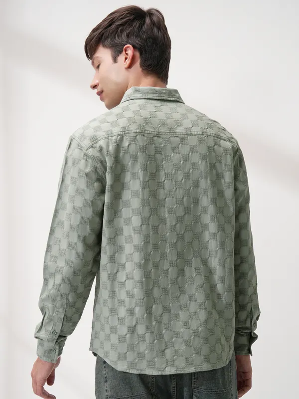 Highlander Men Olive Self Design Relaxed Fit Casual Shirt