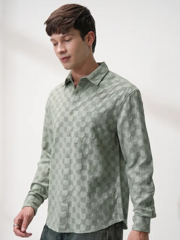 Highlander Men Olive Self Design Relaxed Fit Casual Shirt