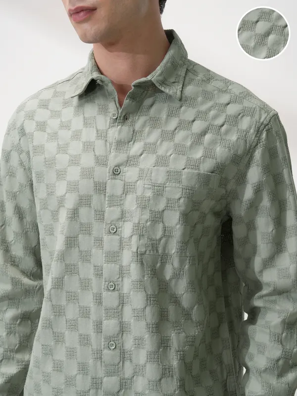 Highlander Men Olive Self Design Relaxed Fit Casual Shirt