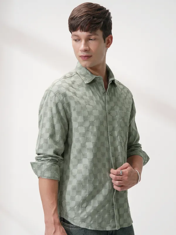 Highlander Men Olive Self Design Relaxed Fit Casual Shirt