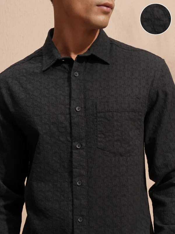 Highlander Men Black Self Design Relaxed Fit Casual Shirt