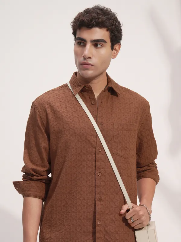 Highlander Men Rust Self Design Relaxed Fit Casual Shirt