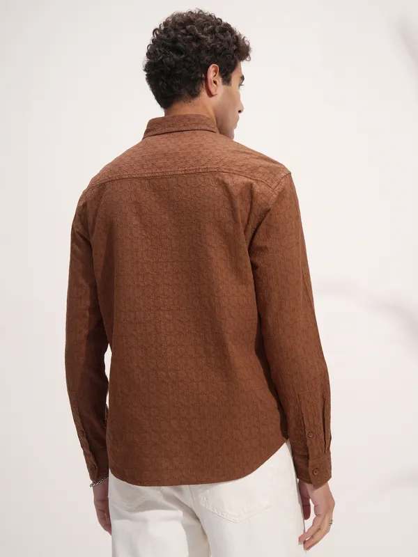 Highlander Men Rust Self Design Relaxed Fit Casual Shirt
