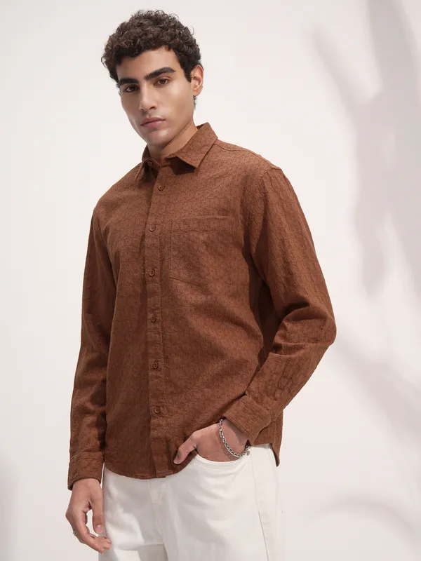 Highlander Men Rust Self Design Relaxed Fit Casual Shirt