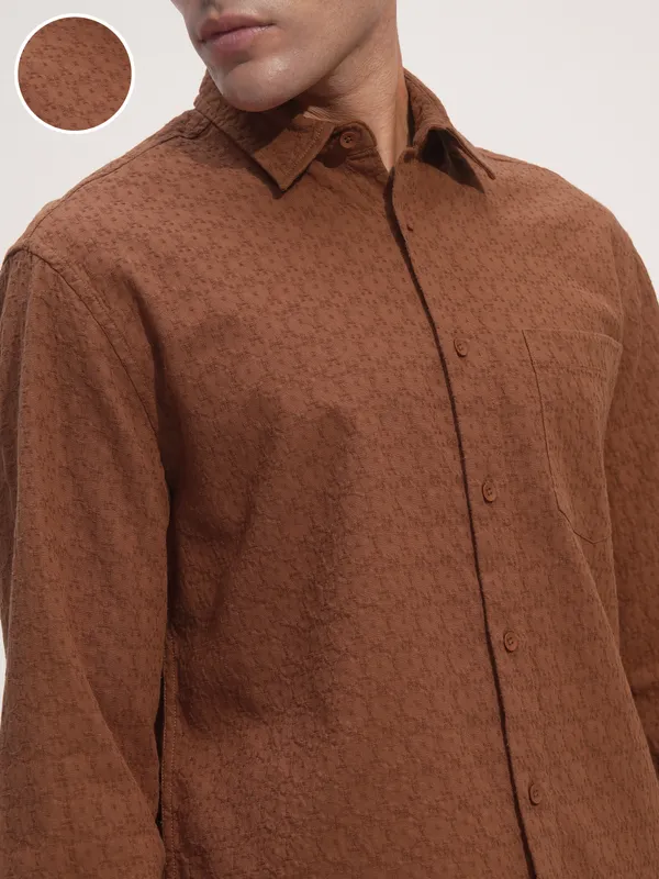 Highlander Men Rust Self Design Relaxed Fit Casual Shirt