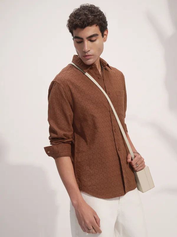 Highlander Men Rust Self Design Relaxed Fit Casual Shirt