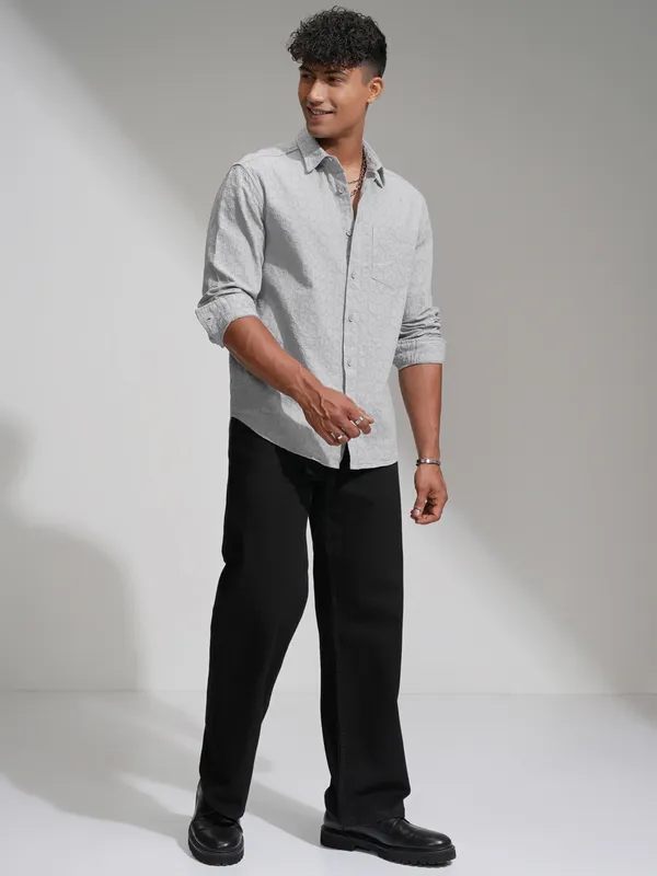 Highlander Men Grey Relaxed Fit Self Design Casual Shirt