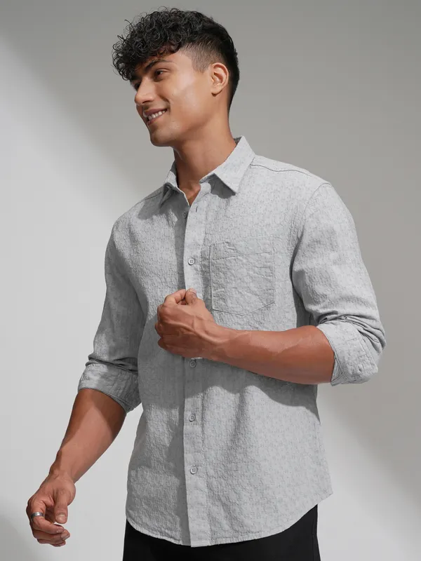 Highlander Men Grey Relaxed Fit Self Design Casual Shirt