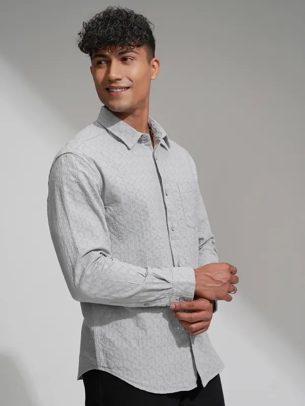 Highlander Men Grey Relaxed Fit Self Design Casual Shirt