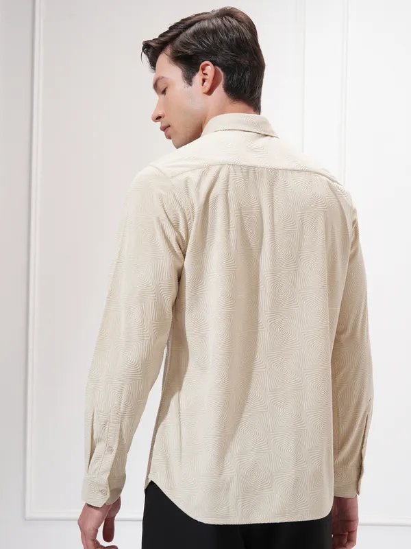 Highlander Men Beige Self Design Slim Fit Casual Shirt