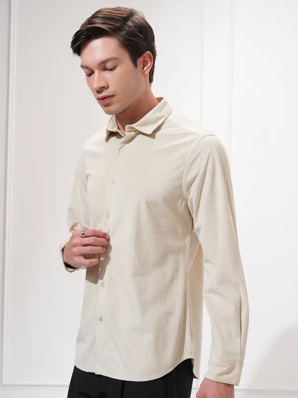 Highlander Men Beige Self Design Slim Fit Casual Shirt