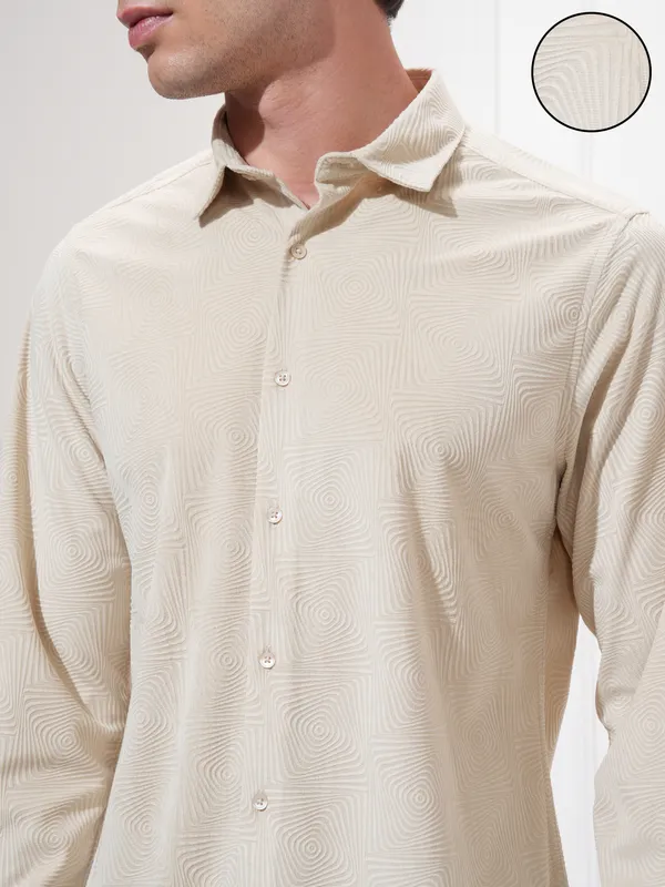 Highlander Men Beige Self Design Slim Fit Casual Shirt