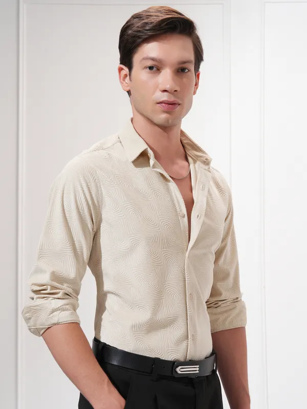 Highlander Men Beige Self Design Slim Fit Casual Shirt