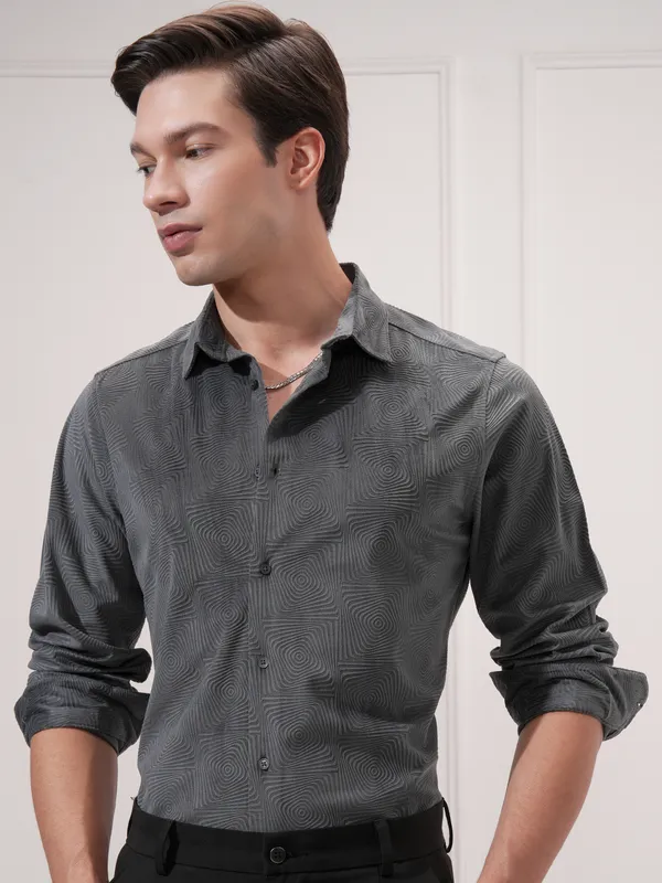 Highlander Men Grey Self Design Slim Fit Casual Shirt