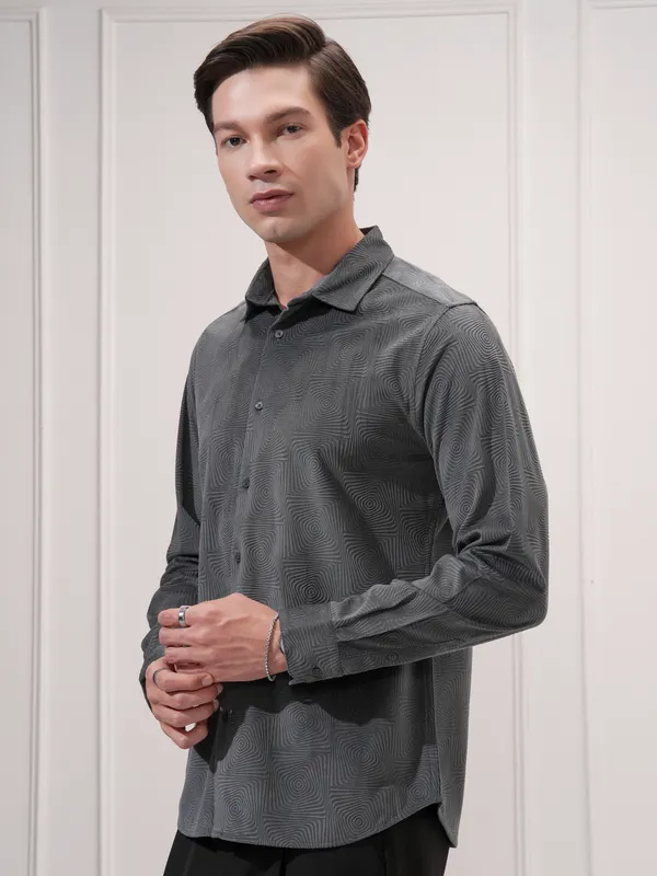 Highlander Men Grey Self Design Slim Fit Casual Shirt