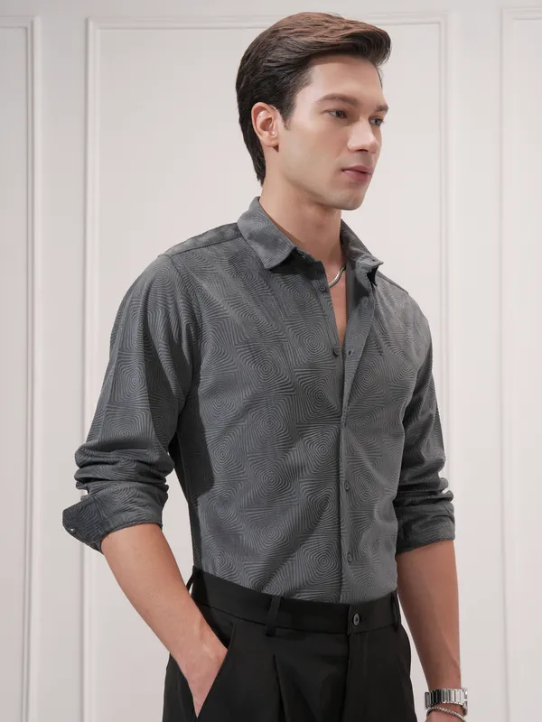 Highlander Men Grey Self Design Slim Fit Casual Shirt