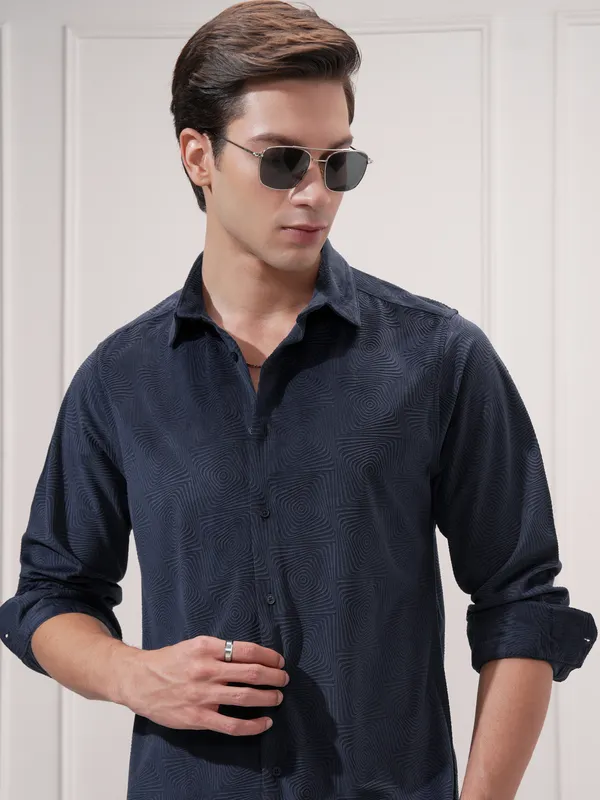 Highlander Men Navy Blue Self Design Slim Fit Casual Shirt