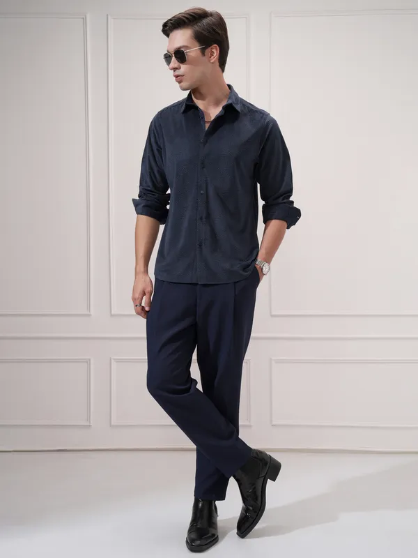 Highlander Men Navy Blue Self Design Slim Fit Casual Shirt